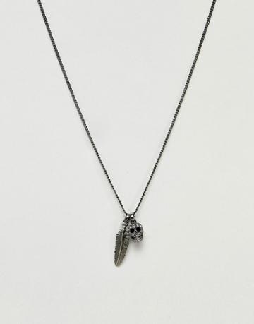Simon Carter Feather & Skull Necklace In Antique Silver With Crystals From Swarovski - Silver