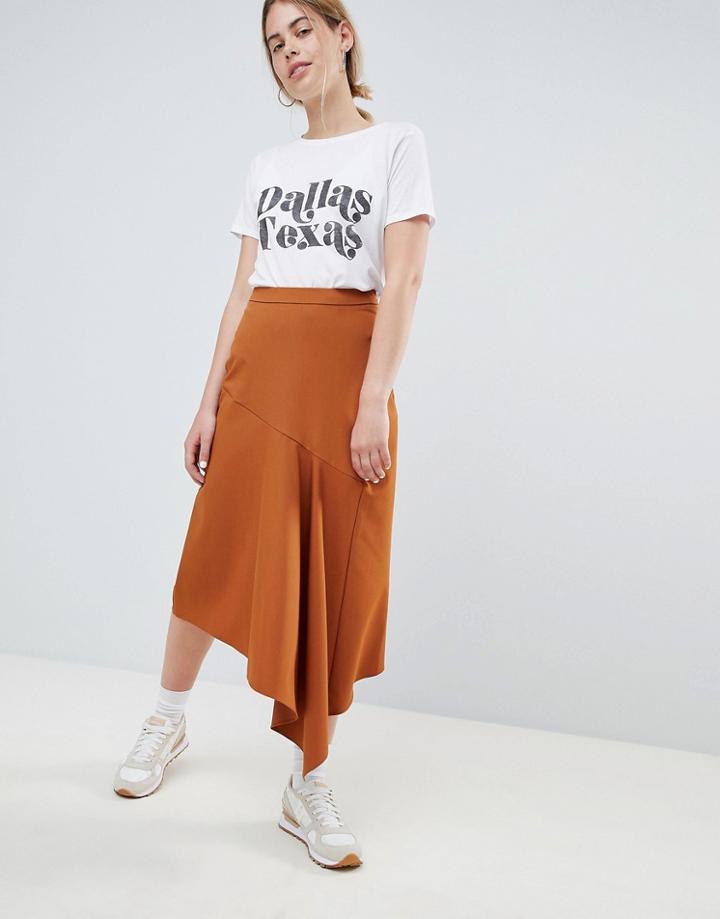 Asos Design Tailored Midi Skirt With Asymmetric Waterfall Detail-tan