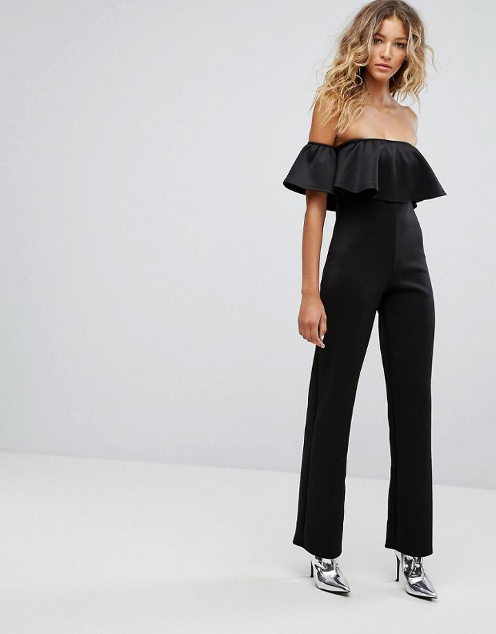 Club L Frill Off Shoulder Wide Leg Jumpsuit - Black