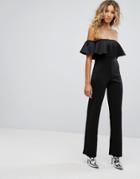 Club L Frill Off Shoulder Wide Leg Jumpsuit - Black