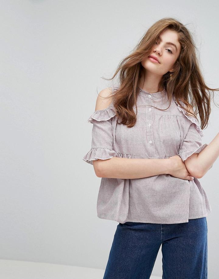 Willow And Paige Cold Shoulder Smock Top With Ruffle Trim - Red