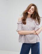 Willow And Paige Cold Shoulder Smock Top With Ruffle Trim - Red