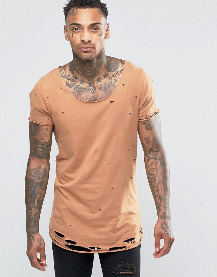Asos Longline T-shirt With Heavy Distressing In Brown - Brown