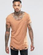 Asos Longline T-shirt With Heavy Distressing In Brown - Brown