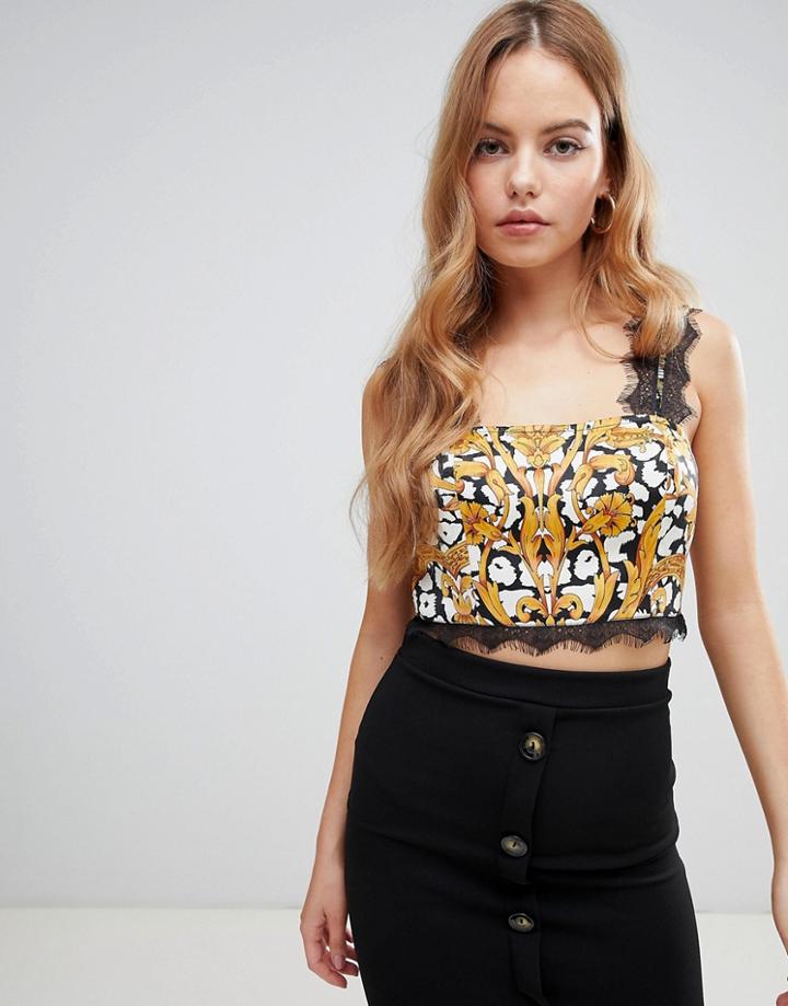 Asos Design Crop Top With Lace Trim In Baroque Print - Multi