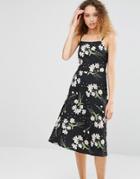 Daisy Street Midi Dress With Lace Up Back In Floral Print - Black