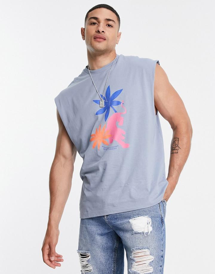 Asos Design Oversized Tank In Blue With Flower Print-grey
