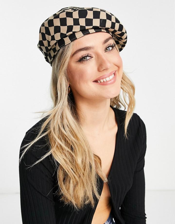 Urban Revivo Beret In Beige And Black Checkerboard