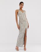 Bariano Embellished Metallic Lace Maxi Dress In Silver