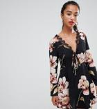 Missguided Petite Exclusive Petite Lace Trim Tie Front Skater Dress In Black Floral