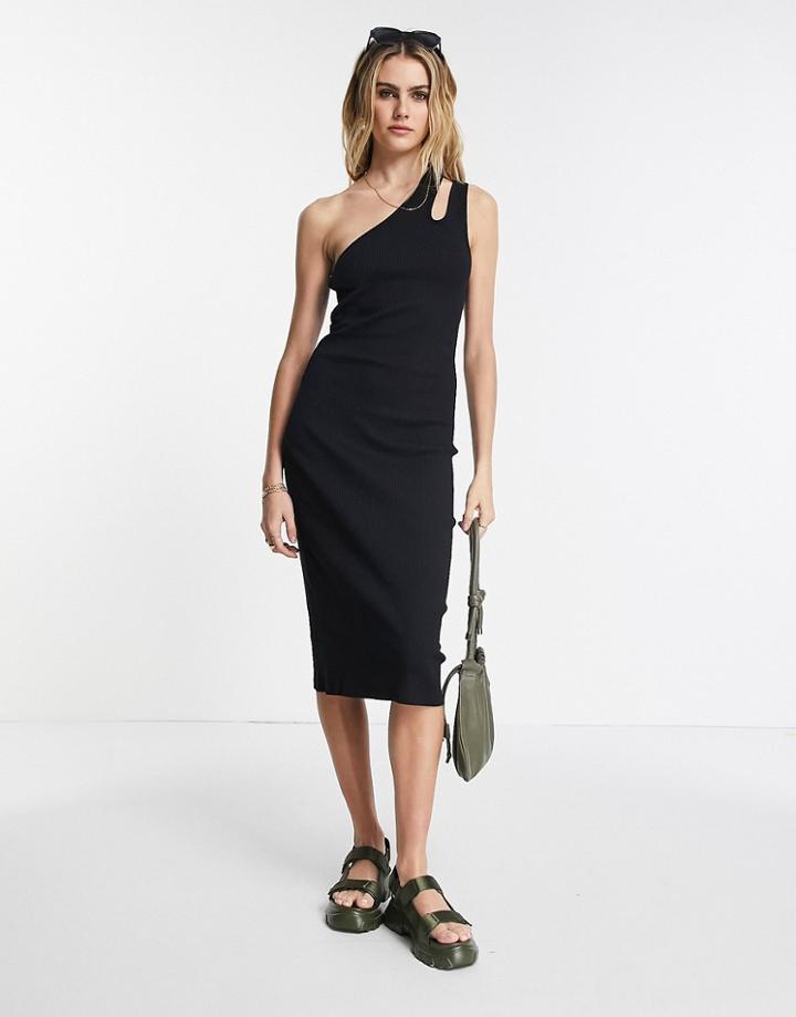 Asos Design Ribbed Midi Dress With Cut Out One Shoulder In Black