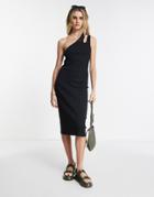 Asos Design Ribbed Midi Dress With Cut Out One Shoulder In Black