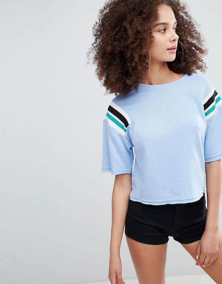 Bershka Cropped Sweat Top With Stripe Shoulder In Blue - Blue