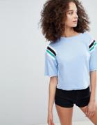 Bershka Cropped Sweat Top With Stripe Shoulder In Blue - Blue