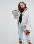 Asos Cropped Jacket In Faux Leather With Flute Sleeve - Gray