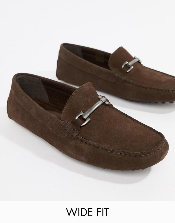 Asos Design Wide Fit Driving Shoes In Brown Suede With Snaffle - Brown