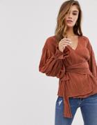 Asos Design Long Sleeve Wrap Top In Textured Crinkle-no Color