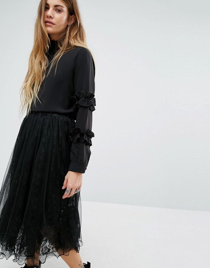 Navy London High Neck Double Ruffle Top - Black