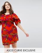 Asos Curve Off Shoulder Dress In Orange Tropical Print - Multi