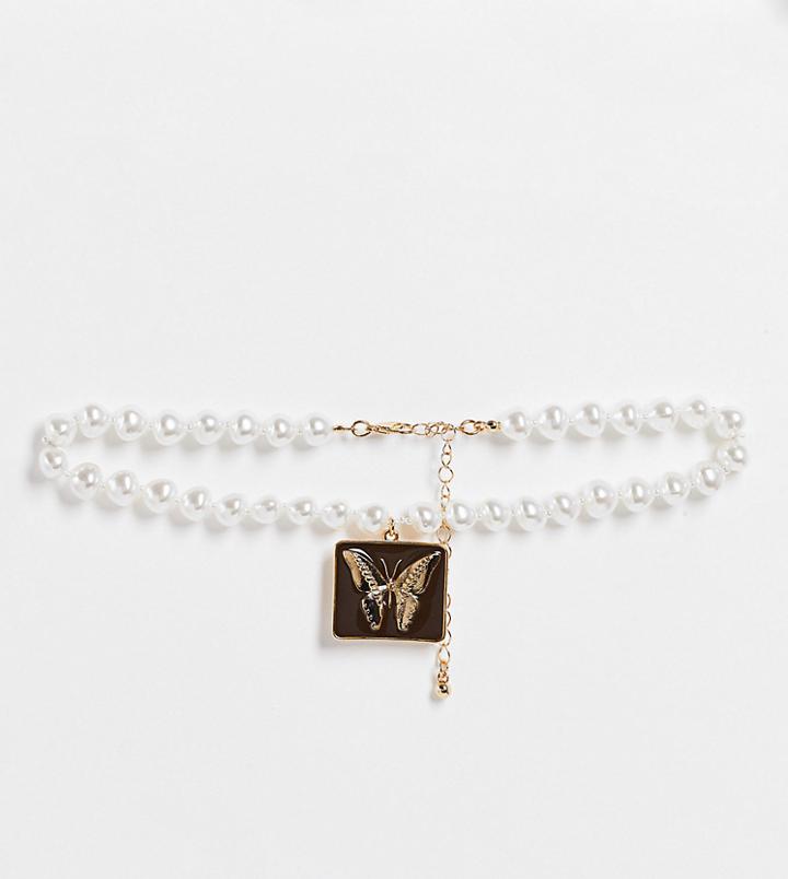 Reclaimed Vintage Inspired Short Necklace With Enamel Butterfly Pendant In Faux Pearl And Gold