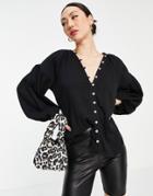 Asos Design Shell Button Top With Volume Sleeve In Black