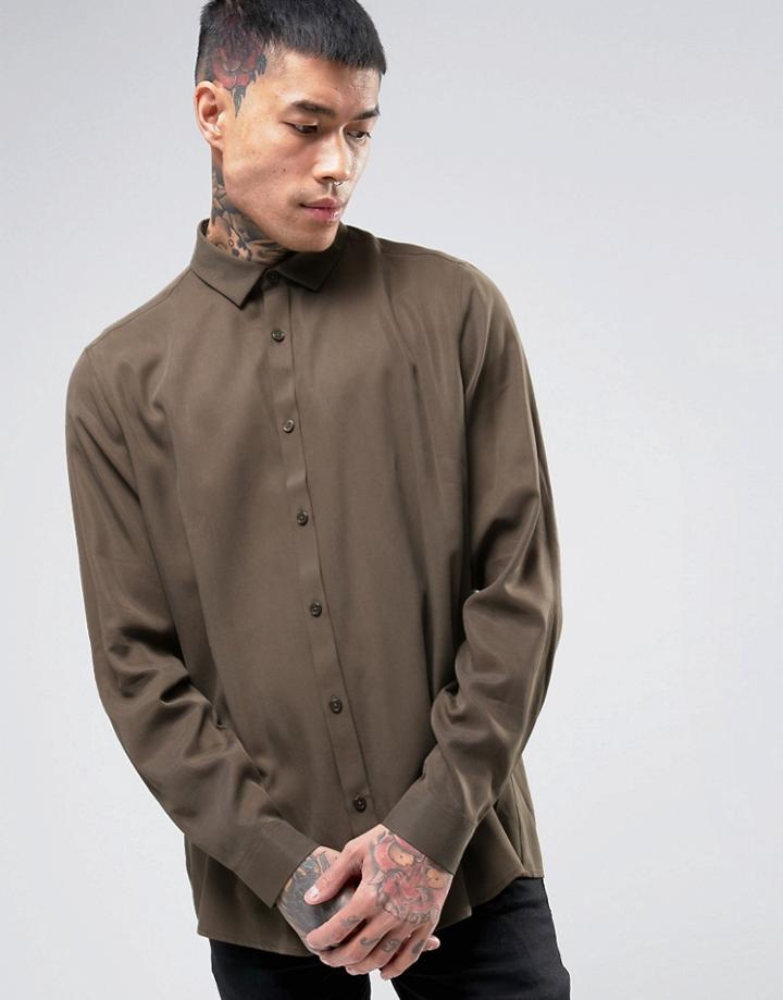 Asos Oversized Peached Viscose Shirt In Khaki - Green