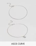 Asos Curve Exclusive Pack Of 2 Moon And Star Charm Anklets - Silver