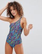 Pistol Panties Rainbow Leopard One Shoulder Swimsuit - Blue