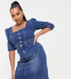 Simply Be Denim Midi Dress With Square Neck In Blue-blues