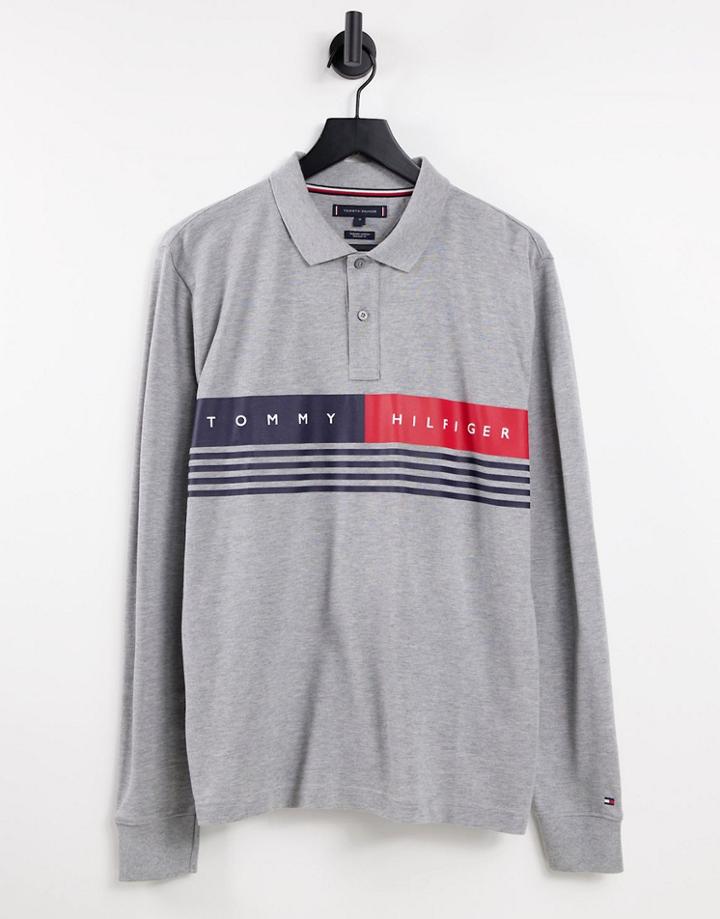 Tommy Hilfiger Corp Chest Stripe Logo Long Sleeve Polo Regular Fit In Gray