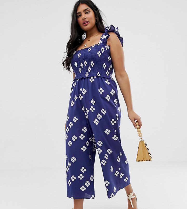 Asos Design Curve Shirred Frill Sleeve Jumpsuit In Polka Dot-multi