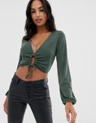 Asos Design Slinky Top With Blouson Sleeve And Tie Front Detail - Green