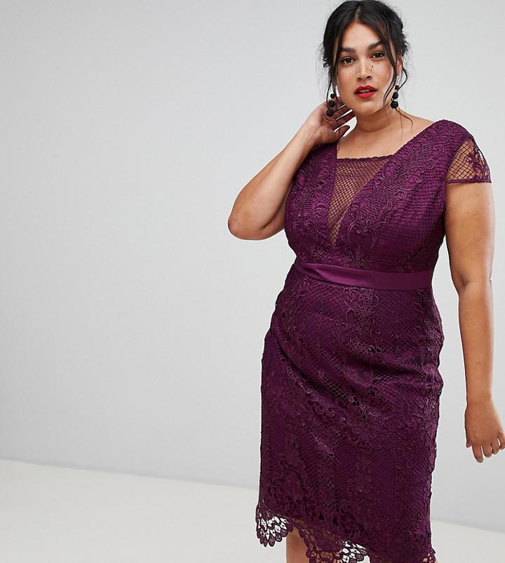 Chi Chi London Plus High Neck Lace Pencil Dress In Deep Purple - Purple