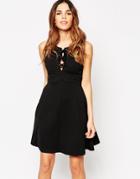 Asos Textured Skater Dress With Lace Up Front - Black
