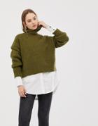 Weekday Roll Neck Knitted Sweater In Khaki - Green