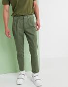 Asos Design Cigarette Chinos With Pleats In Khaki-green