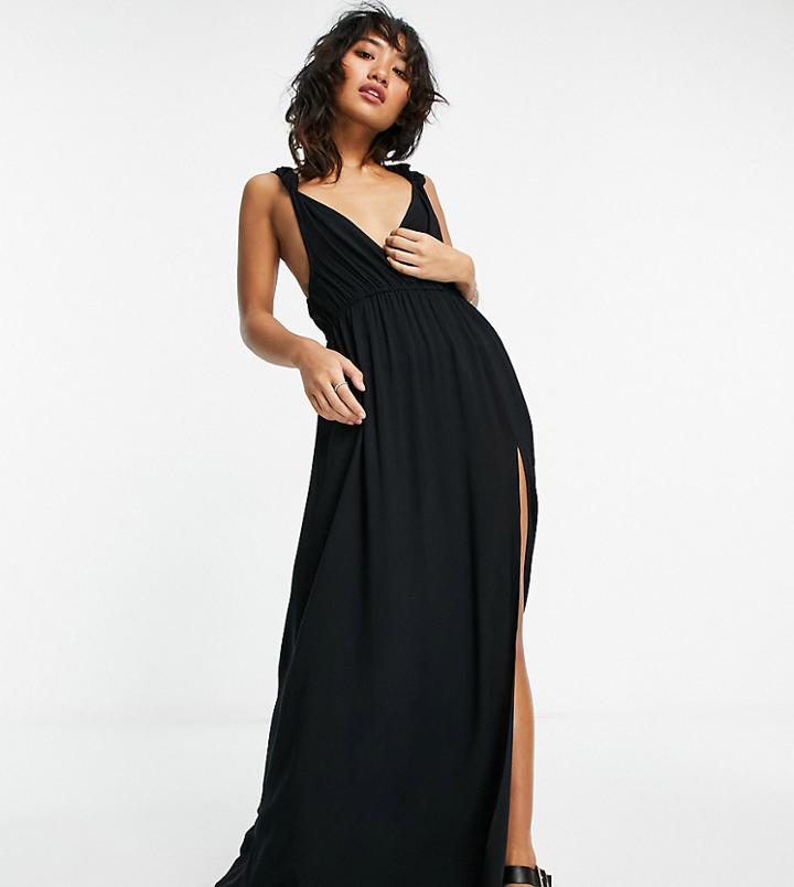 Asos Design Petite Knot Strap Maxi Beach Dress In Black