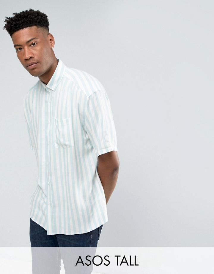 Asos Tall Oversized Viscose Stripe Shirt In Blue - Blue