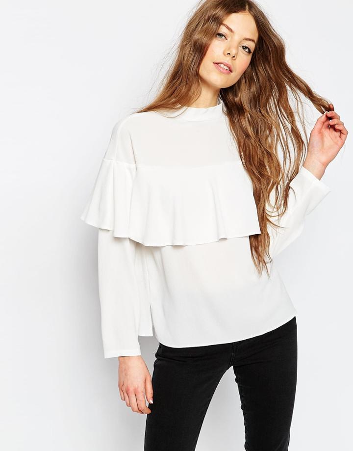 Asos High Neck Ruffle Detail Top - Ivory