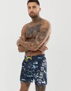 Diesel Camo Print Logo Swim Shorts In Blue - Blue