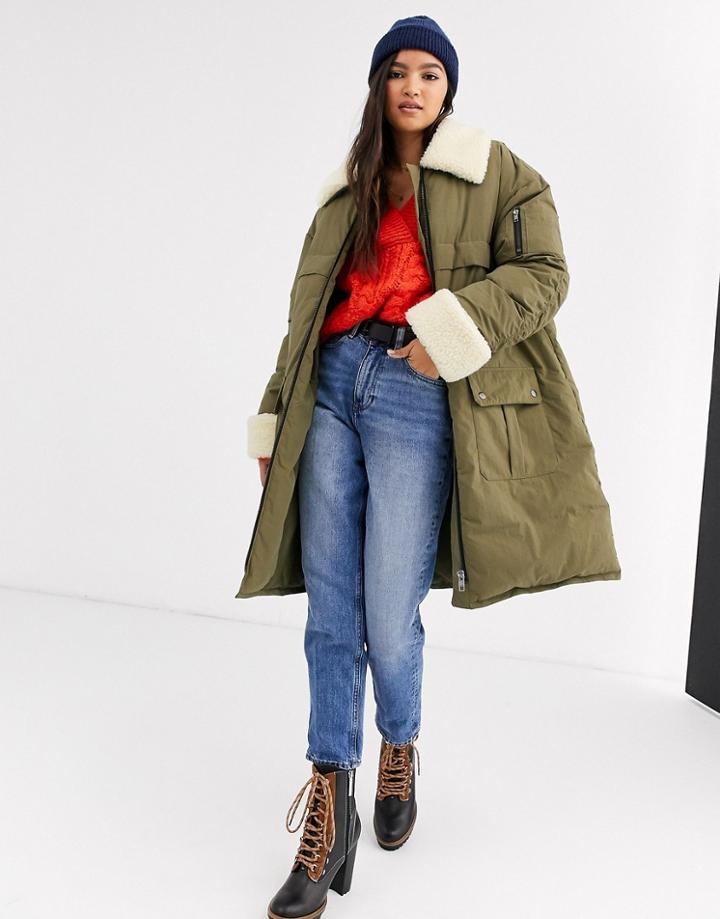 Asos Design Borg Paneled Padded Coat In Khaki