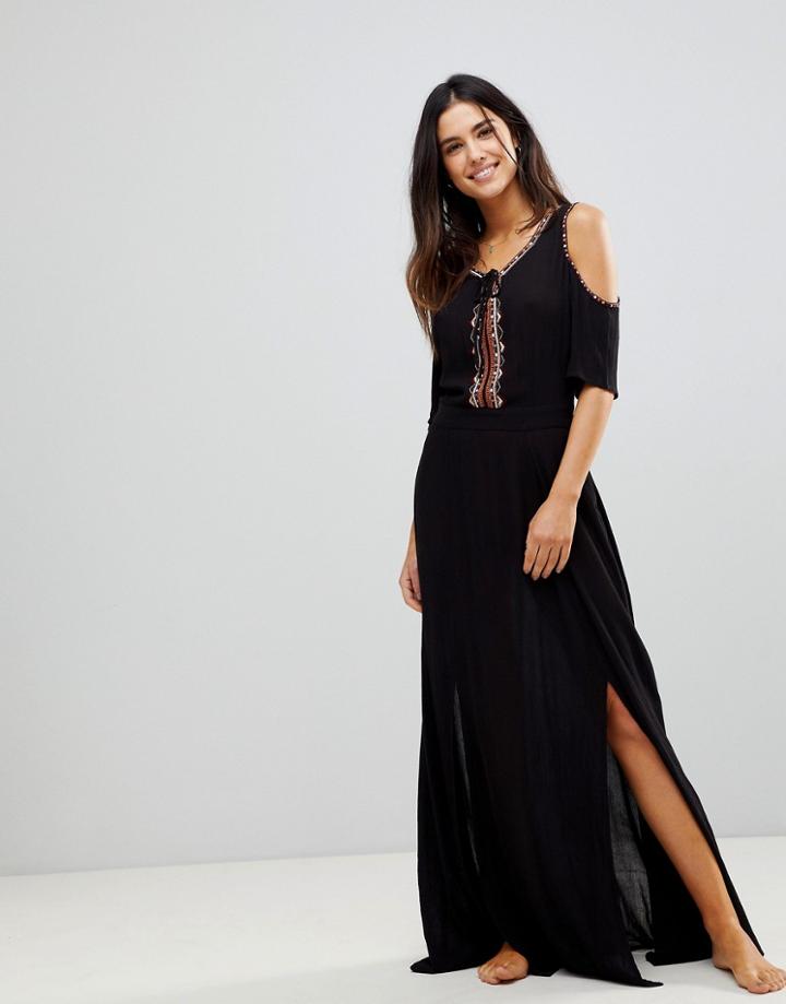 Liquorish Cold Shoulder Maxi Beach Dress With Bright Pink Embroidery - Black