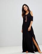 Liquorish Cold Shoulder Maxi Beach Dress With Bright Pink Embroidery - Black