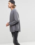 Asos Slub Oversized Long Sleeve T-shirt With Step Hem - Gray
