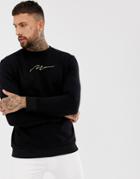 Boohooman Gold Embroidered Sweater In Black - Black