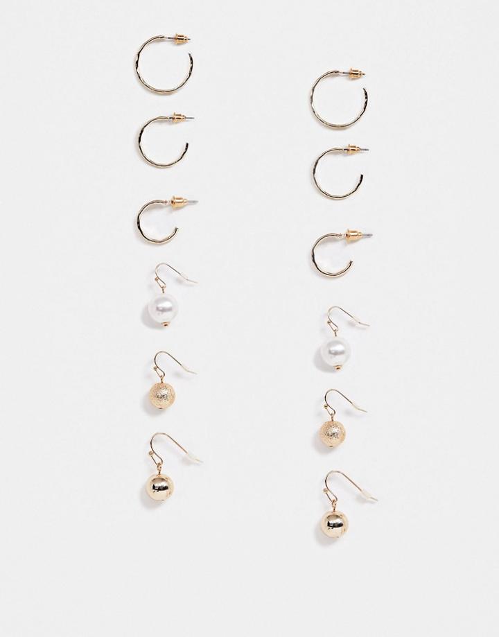 Asos Design Pack Of 6 Earrings With Hammered Hoops And Pearl Ball Drops In Gold Tone