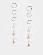 Asos Design Pack Of 6 Earrings With Hammered Hoops And Pearl Ball Drops In Gold Tone