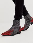 Asos Design Stacked Heel Western Chelsea Boots In Black Glitter Flame