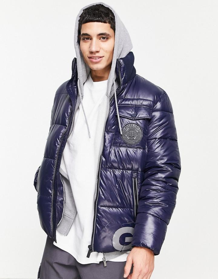 Guess Puffer Jacket In Navy With Large Logo