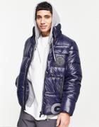 Guess Puffer Jacket In Navy With Large Logo